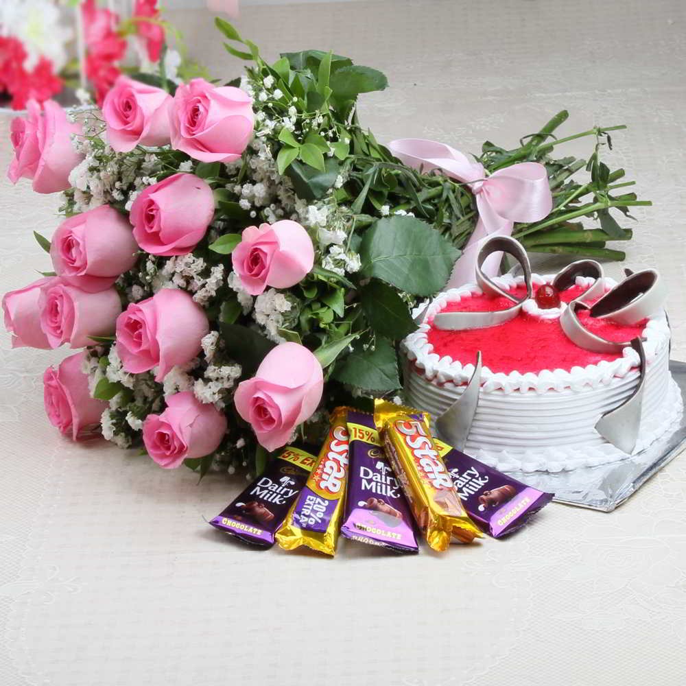 Pink Roses & Strawberry Cake With Mix  Chocolates